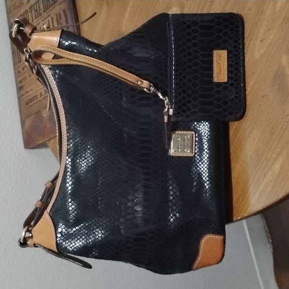 Dooney & Bourke Handbags - Dooney & Bourke Black and Brown Python Embossed Hobo Bag & Wristlet Set